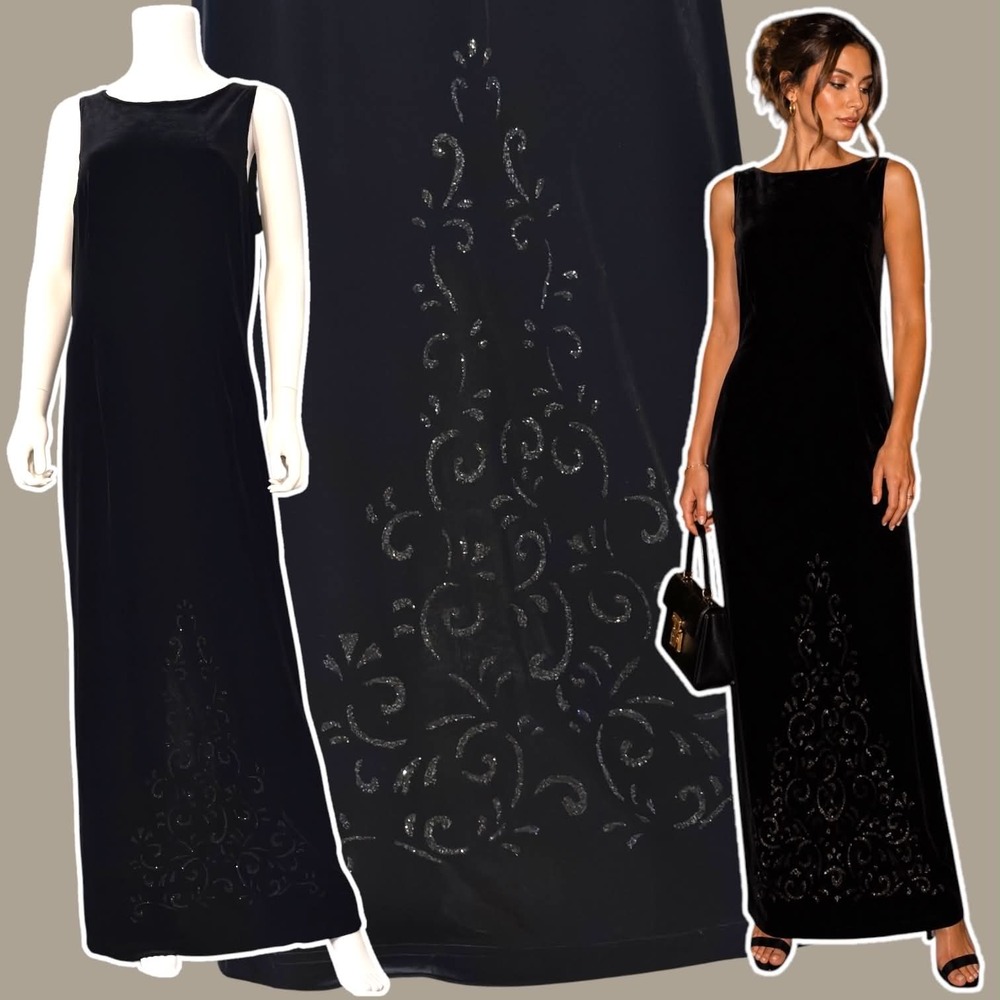Jessica McClintock Bridal Black Velvet Sleeveless Maxi Dress Gown Size 16 Vtg